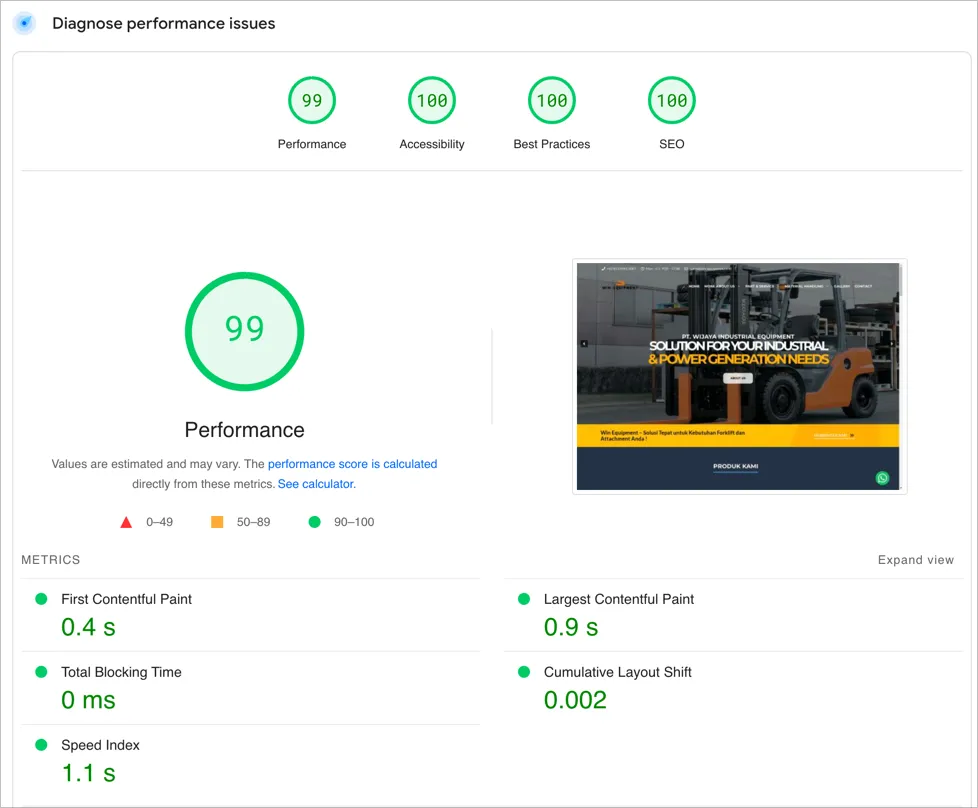 Website WIN Equipment setelah optimasi dan konversi ke blocks