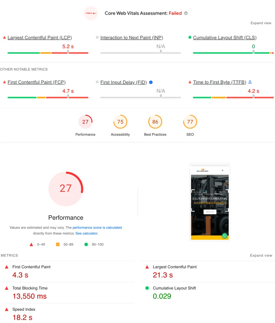 Before Win Equipment PageSpeed Score