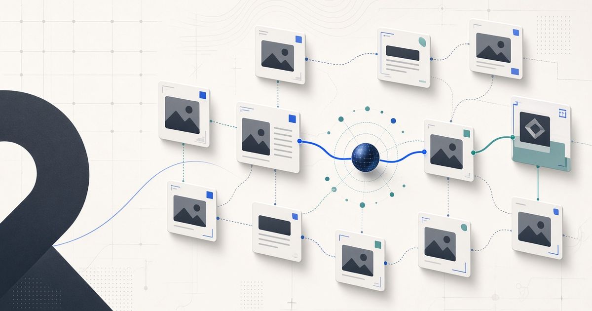 Ilustrasi peta internal link website dengan jalur contextual link dan Jev AI