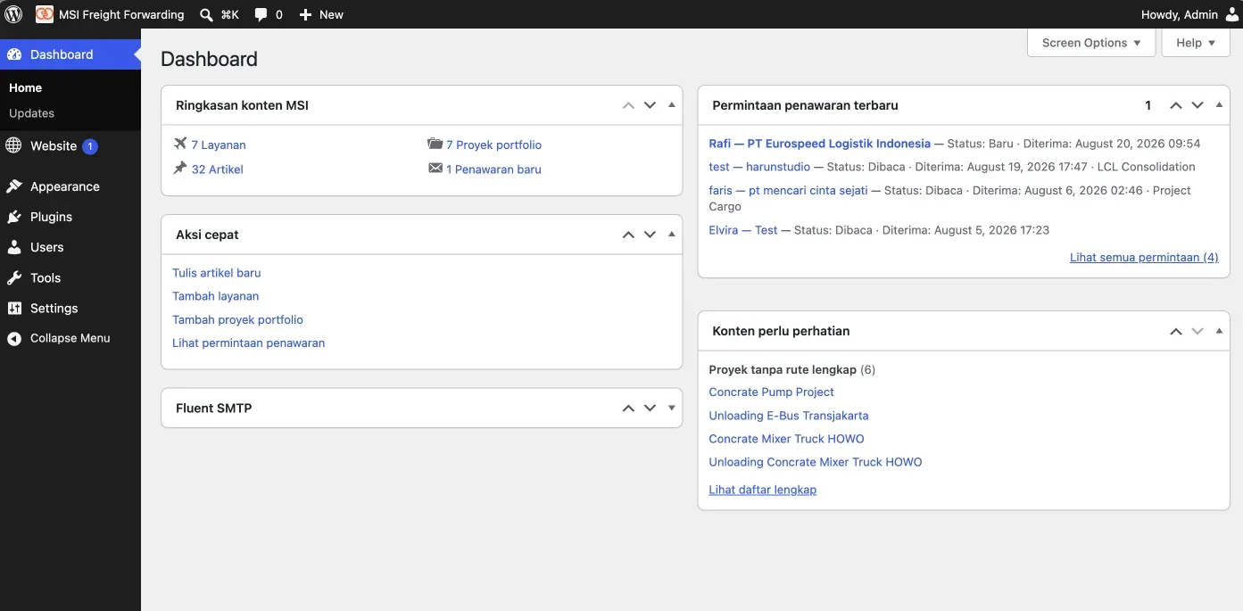 Dashboard WordPress MSI setelah pengembangan Dashboard WordPress MSI setelah pengembangan