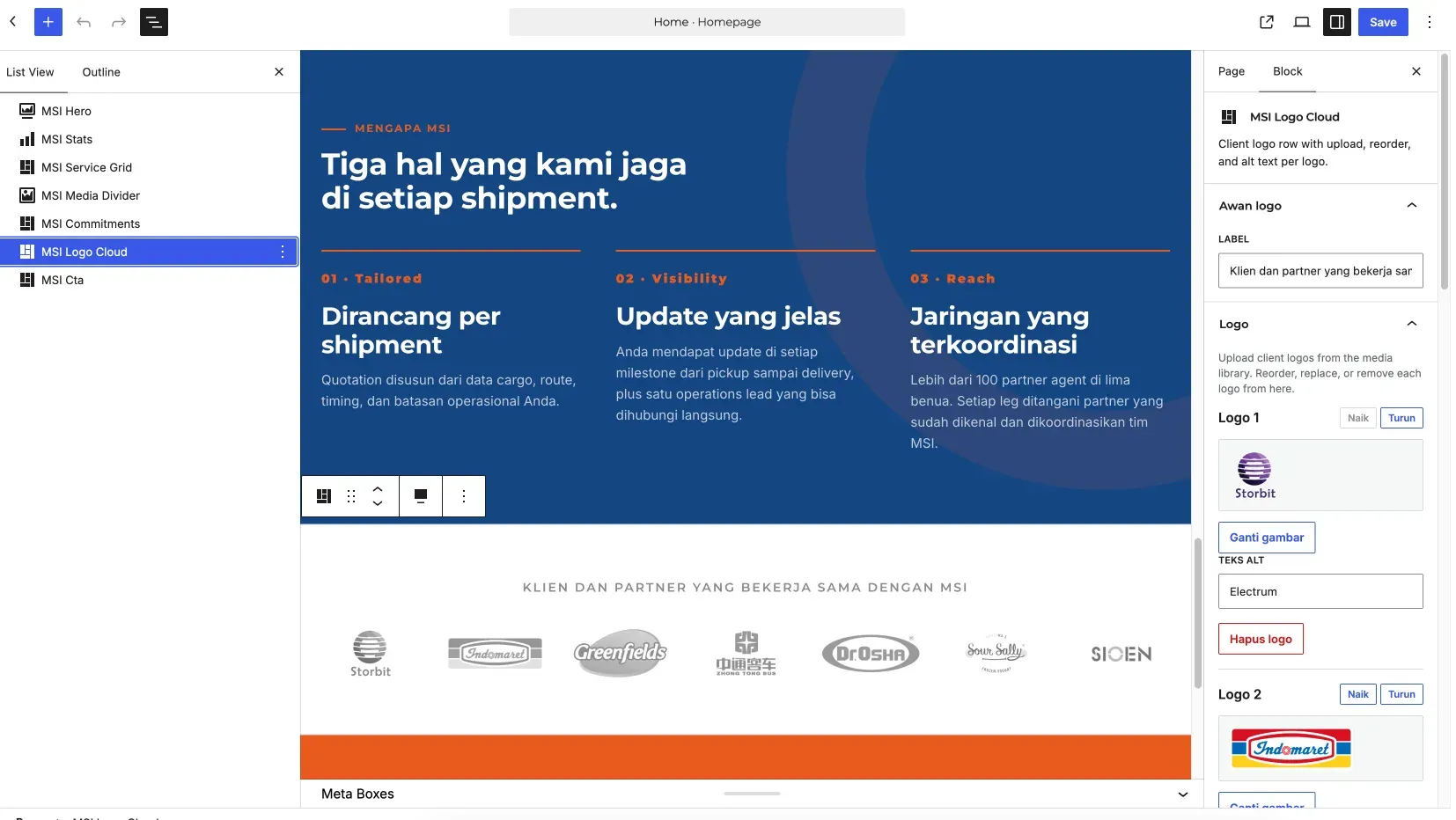 Custom logo cloud block pada homepage MSI Custom logo cloud block pada homepage MSI