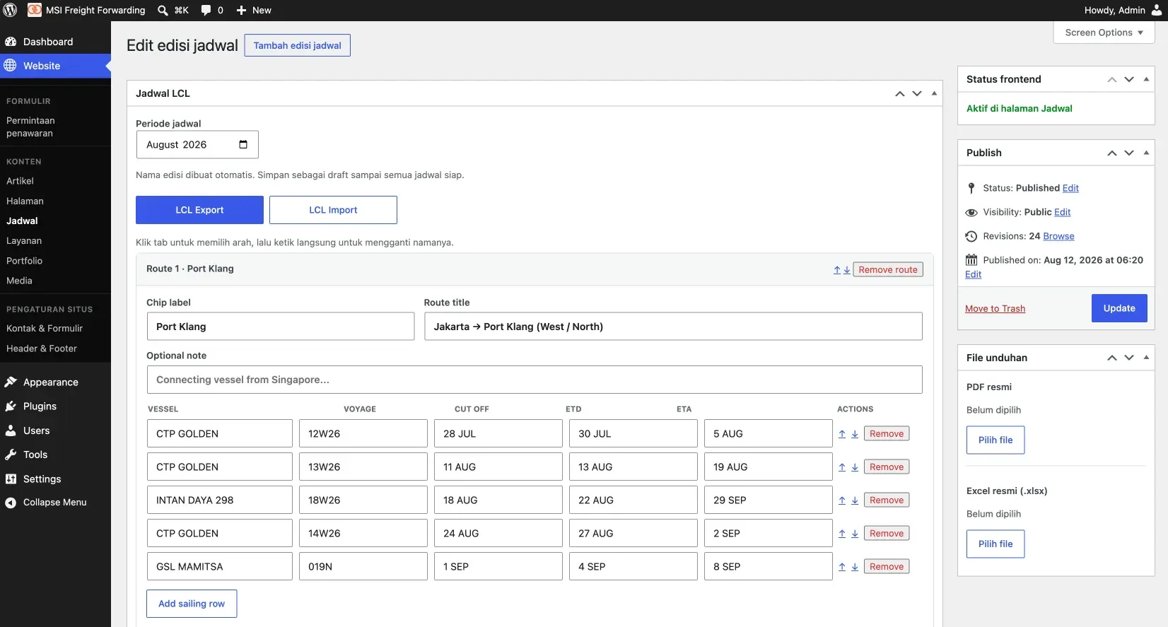 Editor jadwal export-import pada dashboard WordPress MSI Editor jadwal export-import pada dashboard WordPress MSI