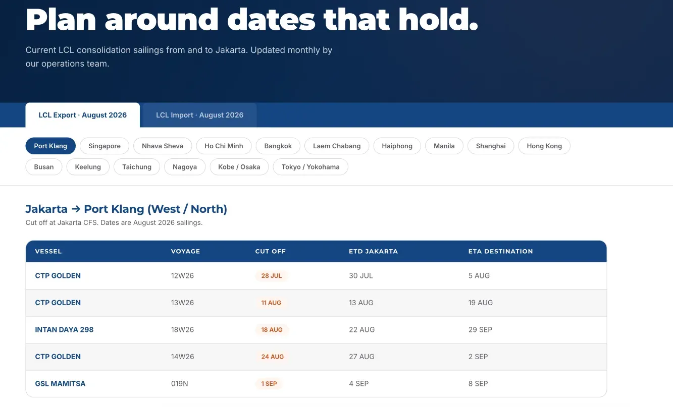 Halaman jadwal LCL export di frontend Halaman jadwal LCL export di frontend