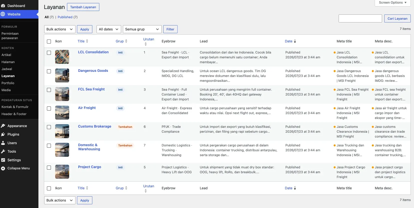 Daftar layanan pada dashboard WordPress MSI Daftar layanan pada dashboard WordPress MSI